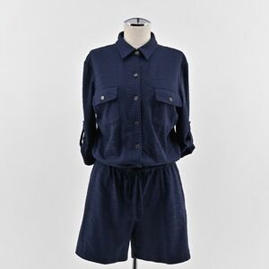 J McLaughlin Womens Westport Navy Raffia Jacquard Romper Size M Drawstring Waist